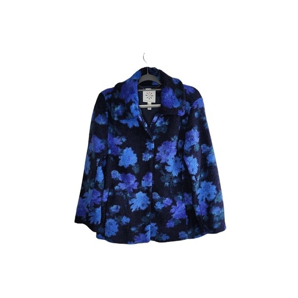 Isaac Mizrahi Live! Floral Printed Faux Fur Shearling Coat Navy QVC Size M - Picture 7 of 16
